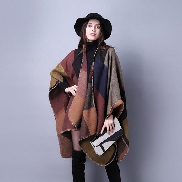 2/$30 NEW Boho Colorblock Earth Tones Ruana Oversized Open Wrap Poncho Blanket - Picture 4 of 11